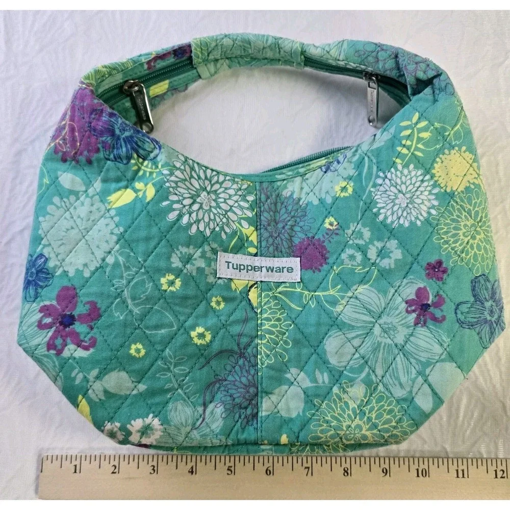 Tupperware Lunch‎ Bag Zipper Hobo Style Green Floral Vintage Quilted